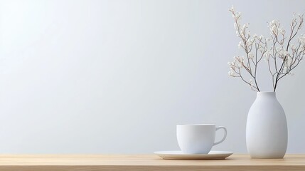 A white cup and vase with decorative floral stems