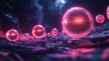 Fototapeta premium Glowing pink orbs hover above a textured alien landscape under a dark night sky, creating an ethereal and otherworldly atmosphere with a surreal quality.