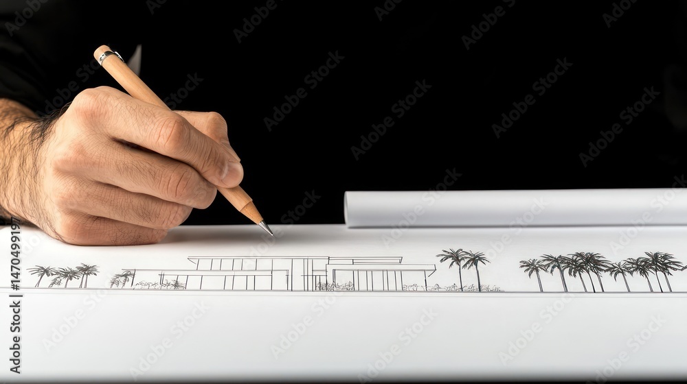 Poster a hand drawing a house sketch with trees on paper
