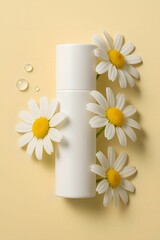 White Skincare Bottle Surrounded by Chamomile Flowers on Yellow Background