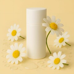 Skincare Bottle with Chamomile Flowers and Water Droplets on Yellow Background