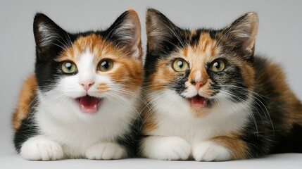 Two playful calico cats making funny faces, looking at the camera, isolated on a white background
