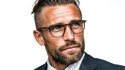 Obraz premium A professional businessman in a sharp suit and glasses, isolated on a white background