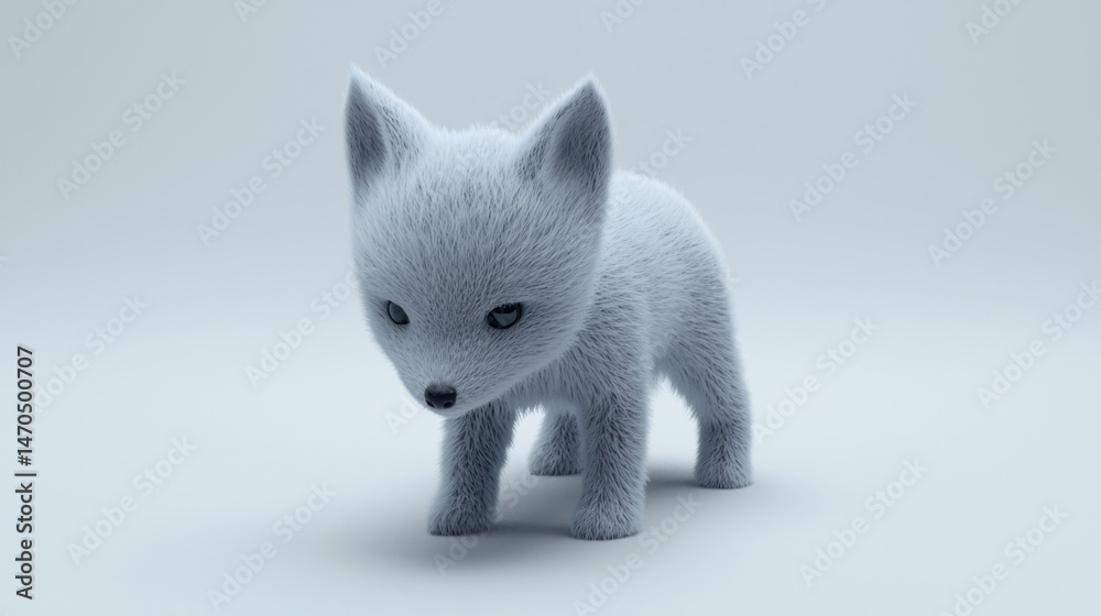 Poster a small and fluffy white fox stands on a plain surface