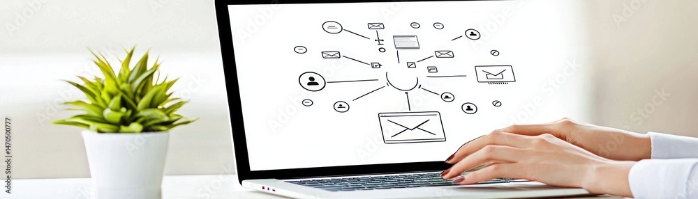 Poster person working on a laptop displaying a network diagram clearly