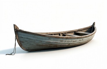 Wooden boat isolated on white background. Rustic nautical vessel perfect travel adventure theme. Old weathered boat for leisure, vacation. Floating on water, transport, exploration. Ideal for design