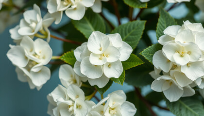 Obraz premium Closeup of Delicate White Hydrangea Blossoms in Soft Focus