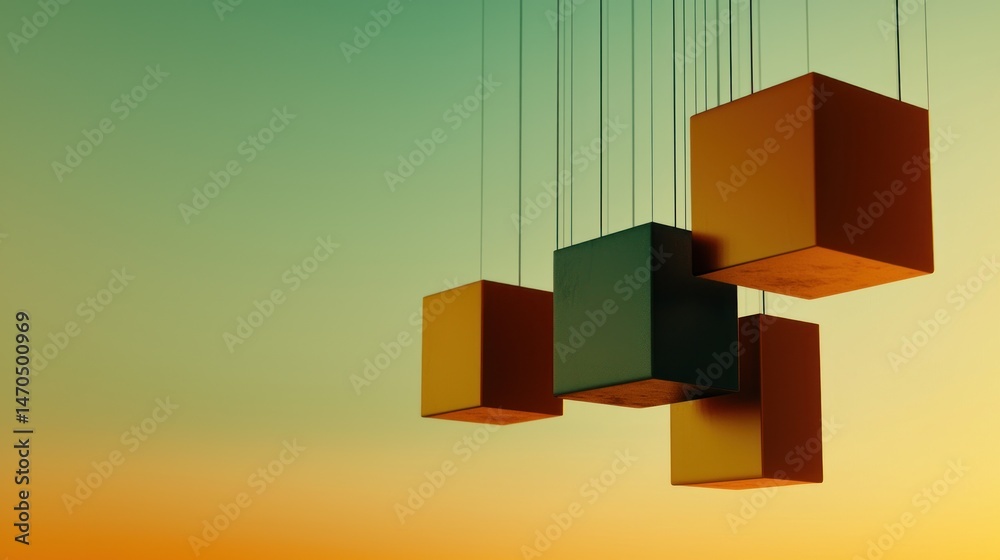 Poster Floating geometric cubes suspended by fine string against gradient background