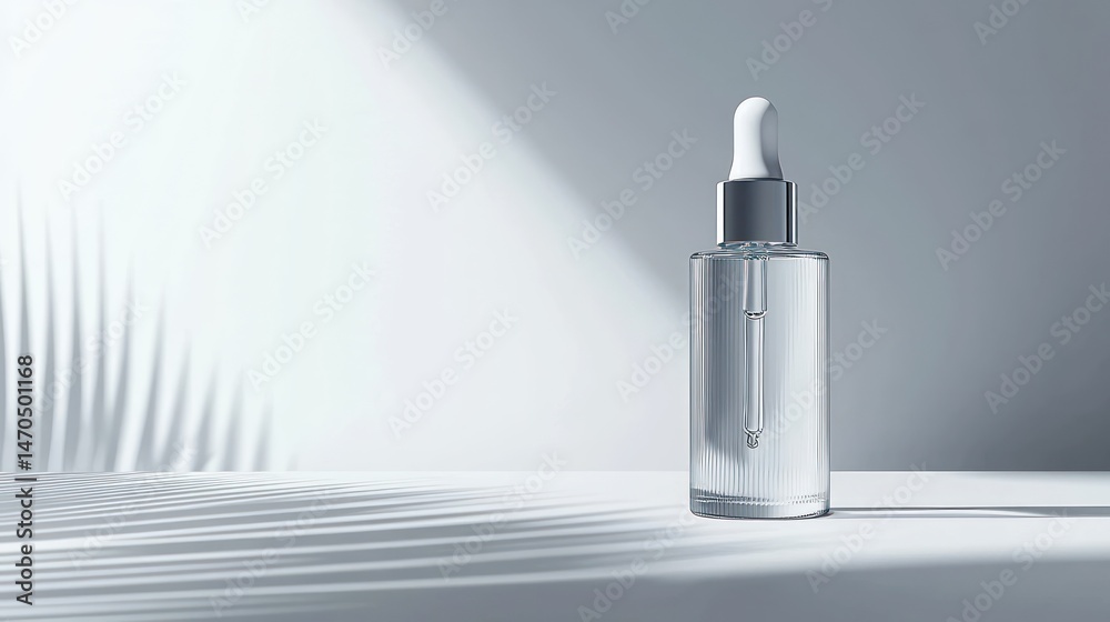 Poster a single clear glass bottle with a dropper on a table