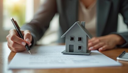 Fototapeta premium Businesswoman signs home purchase agreement. Realtor, client deal on property. Miniature house on document. Buying new house. Real estate investment, mortgage loan approval.