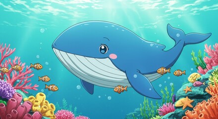 Fototapeta premium Cheerful cartoon whale swimming among colorful coral and fish