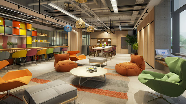 A modern office lounge area with colorful seating and collaborative workspaces for a creative atmosphere