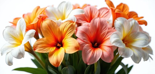Bouquet Alstroemeria flowers in summer. Bunch of vibrant orange pink white blooms. Fresh flora on white background. Floral arrangement for decoration weddings parties.