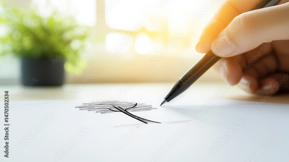 Poster Someone is sketching a tree using a pen and paper