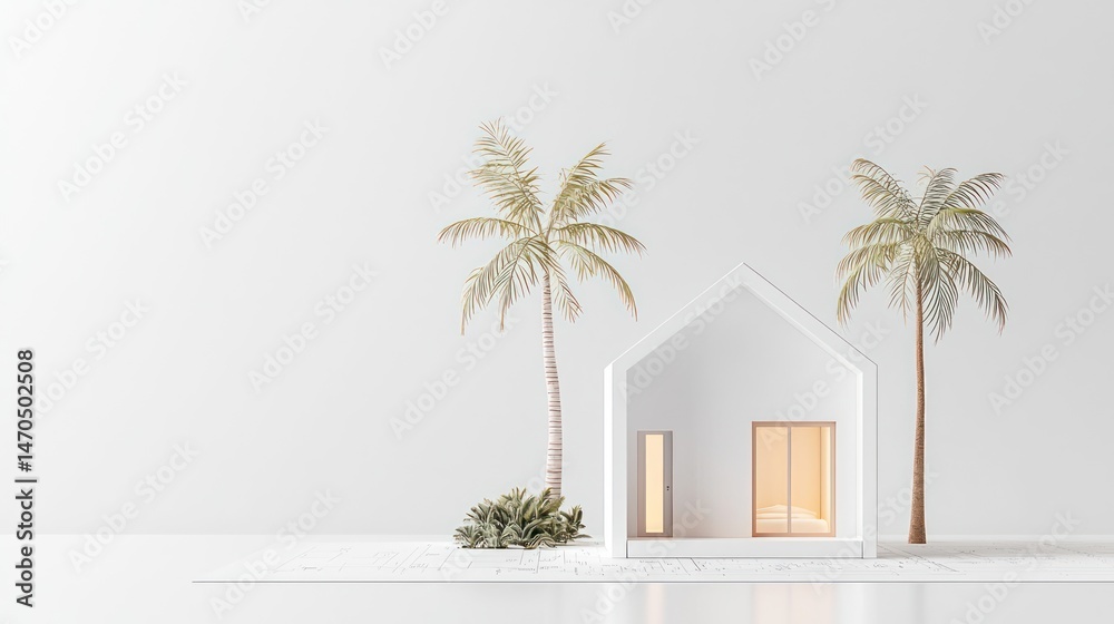 Poster a minimalist white house with two palm trees in a simple design
