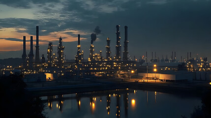 Oil refinery plant lighting up at dusk near city skyline