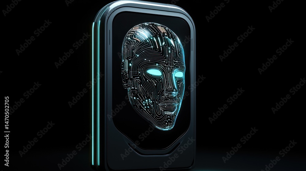 Poster digital face displayed on a dark electronic device with glowing lights