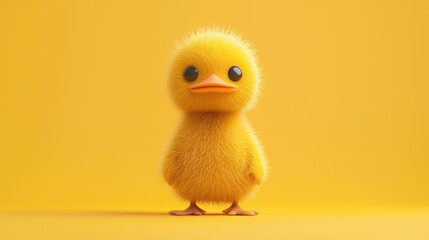 A cute fluffy cartoon chick standing alone on a yellow surface