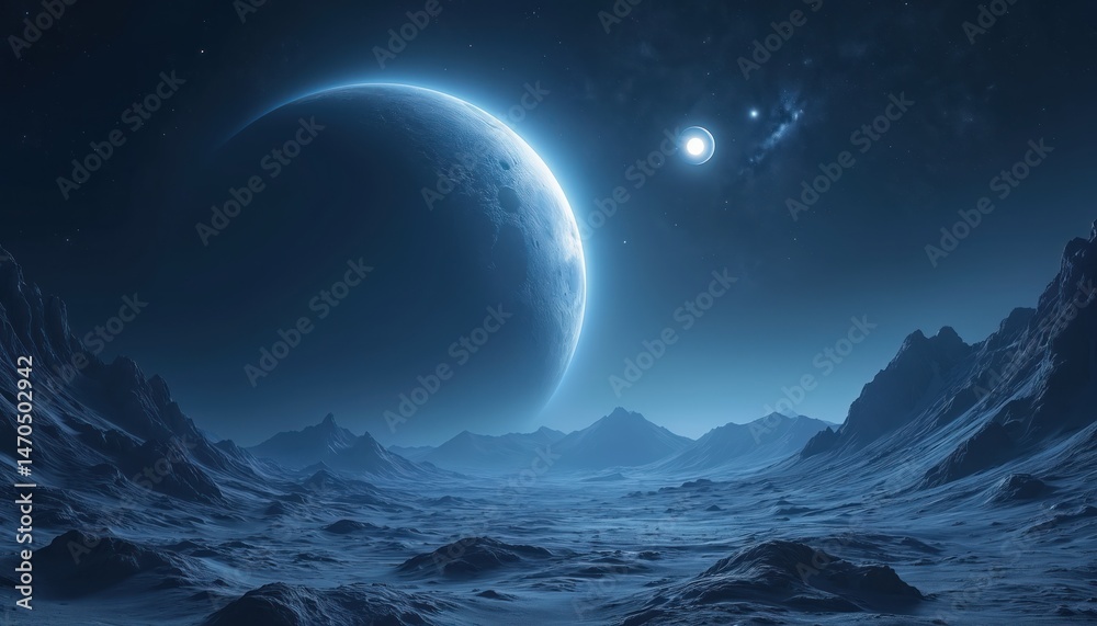 Poster cosmic landscape with planet space scene. blue planet with three moons against dark sky. fantasy cos