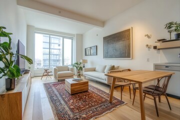 Fototapeta premium Cozy apartment interior featuring living and dining area for real estate, interior design, and home decor projects.