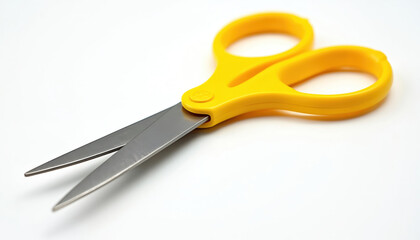 Yellow scissors isolated on white background. Close-up of office supply school stationery tool. Sharp blades cut. Crafts, DIY, paper cutting, art projects, tailoring, design, creative concept,