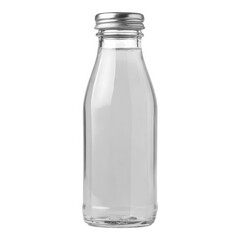Glass bottle with yellow liquid on white background