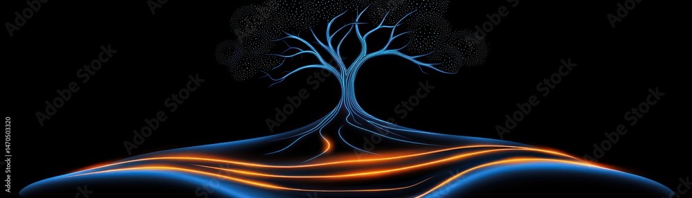 Poster Abstract illustration of a tree with illuminated roots and branches