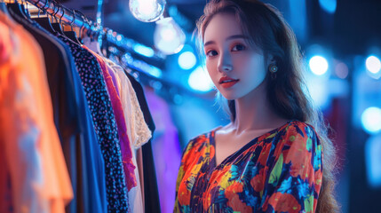 Obraz premium Fashionable woman browsing clothes in boutique, colorful lights