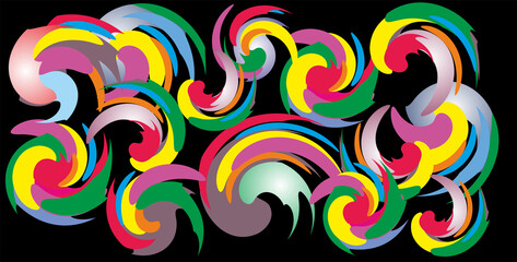 Background of Painted Spiral Colorful Brush Strokes on Black Background, Abstract Art and Vibrant Design

