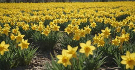 Obraz premium Sunlit field of vibrant yellow daffodils in full bloom , meadow, floral
