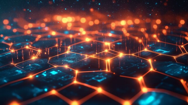 An abstract digital network with glowing orange nodes connected by lines on a dark blue hexagonal grid, symbolizing technology and interconnectedness.