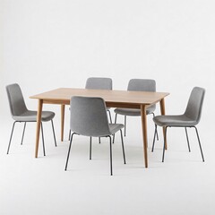Dining table with a light tabletop and five chairs with upholstery, isolated on white