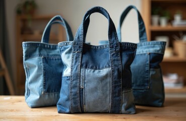 Handmade denim handbags crafted from old jeans. Upcycled bags with different blue denim parts on dressmaker table. DIY project, sustainable fashion, zero waste, eco-friendly, craft idea.