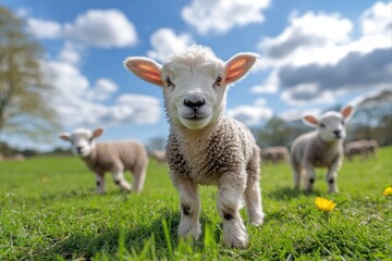 Obraz premium Cute lambs grazing in a green meadow under a blue sky for animal welfare and agricultural purposes.