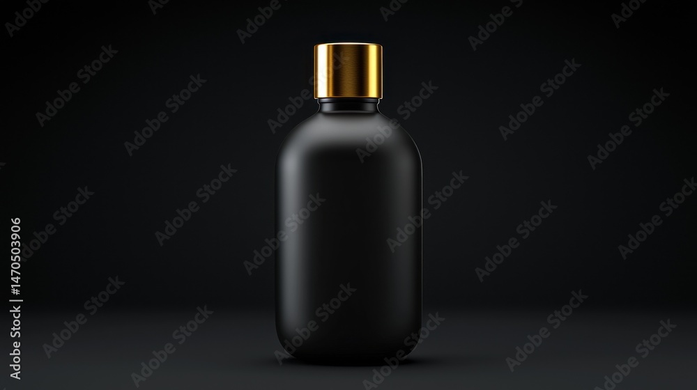 Poster a black rounded bottle with a shiny gold cap on a dark background