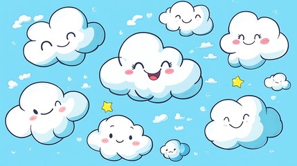 Cheerful cartoon clouds on a blue sky background