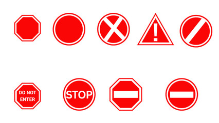 Red traffic sign with stop, no entry, and direction symbols, representing road safety and regulation


