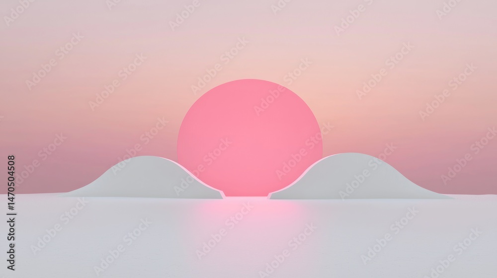 Poster a pink sphere behind white structures against gradient background