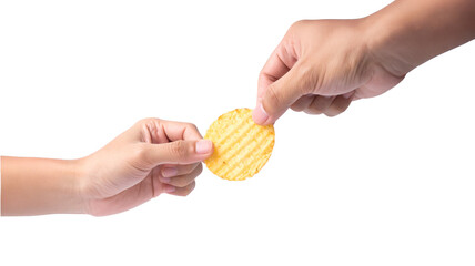 Fototapeta premium Hands exchanging a crispy potato chip, a gesture of sharing and connection