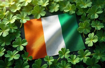 Irish flag among shamrock leaves, St Patrick Day holiday celebration. Shamrock represents luck and Irish culture with flag colors. Celebrate irish american heritage month.