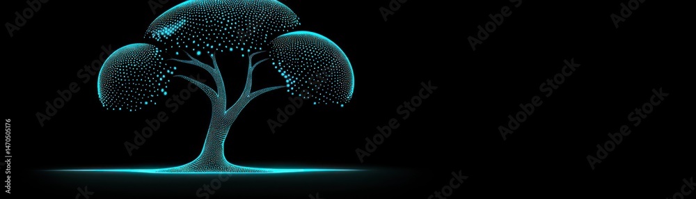 Poster a glowing futuristic tree displayed against a deep black background