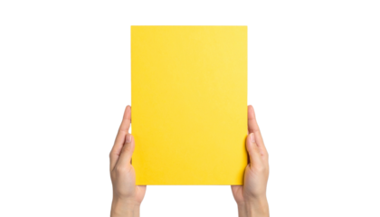 A hand holding a yellow blank paper. A simple yet striking image of human hands holding a vibrant yellow sheet of paper, ready for your message