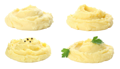 four different servings of mashed potatoes, two with parsley and one with black pepper. The potatoes are all in a mound and have a soft, creamy texture