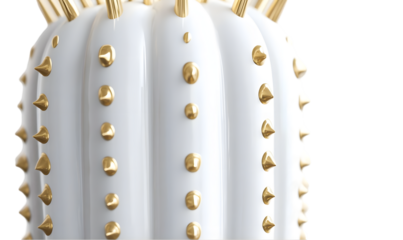 White ceramic cactus with gold accents.  Detailed, close-up view of textured surface