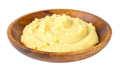 a delicious bowl of mashed potatoes with a wooden bowl. The creamy texture and rich color of the mashed potatoes create a mouthwatering display