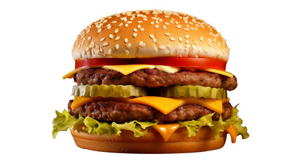 Juicy Double Cheeseburger with Sesame Bun Lettuce Tomato Pickles and Melted Cheese on Black Background