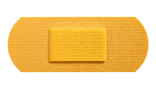 A close-up shot of a rectangular, beige adhesive bandage with a padded center