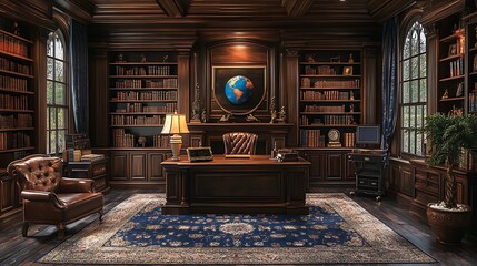 Elegant home study with mahogany bookshelves and classic furniture high resolution photo