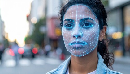 a woman with face recognition grid technology implemented on her face. The woman looking at the camera with grid light on face in the street