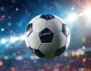 Naklejka premium Dynamic soccer ball in motion under stadium lights with flying confetti